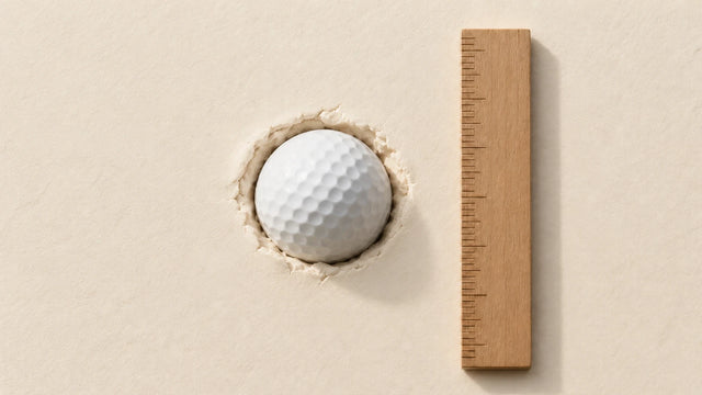 A golf ball pressed halfway into a smooth cream surface beside a wooden ruler