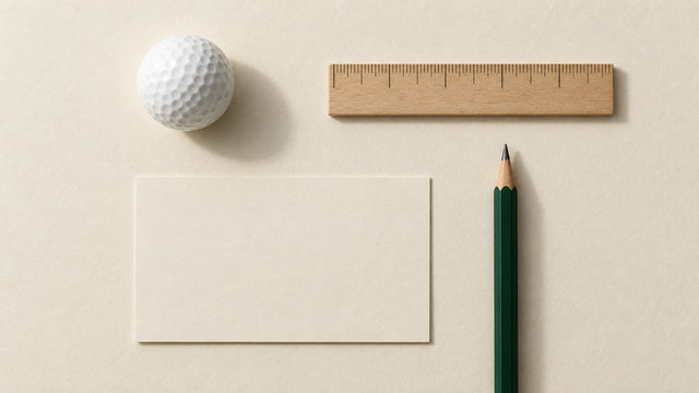 A golf ball, a wooden ruler, a pencil and a blank index card arranged on cream paper