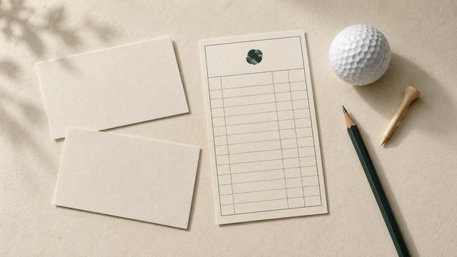Index cards, a scorecard, a pencil, a golf ball and a tee arranged on cream paper