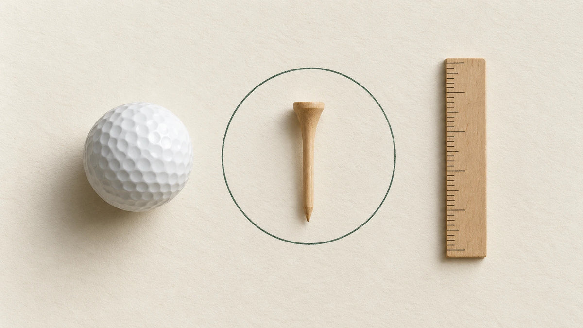 A golf ball, a wooden tee inside a drawn circle and a wooden ruler on cream paper