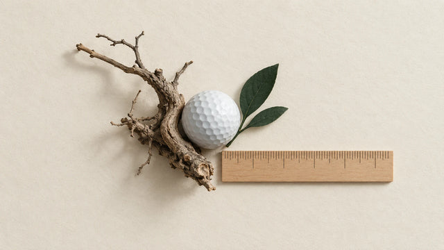 A golf ball lodged against a gnarled dry root beside a wooden ruler and two green leaves on cream paper