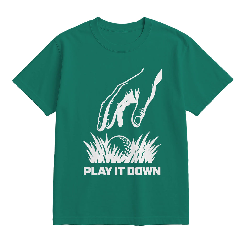 Play It Down Golf T-Shirt — lying flat, viewing the front side.