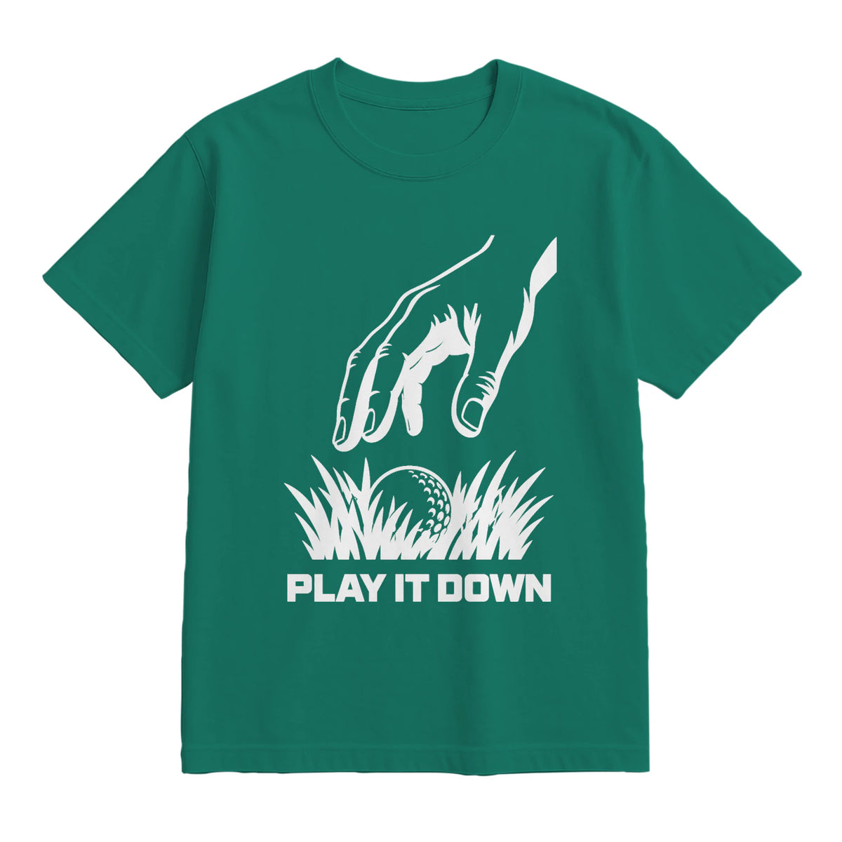 Play It Down Golf T-Shirt — lying flat, viewing the front side.