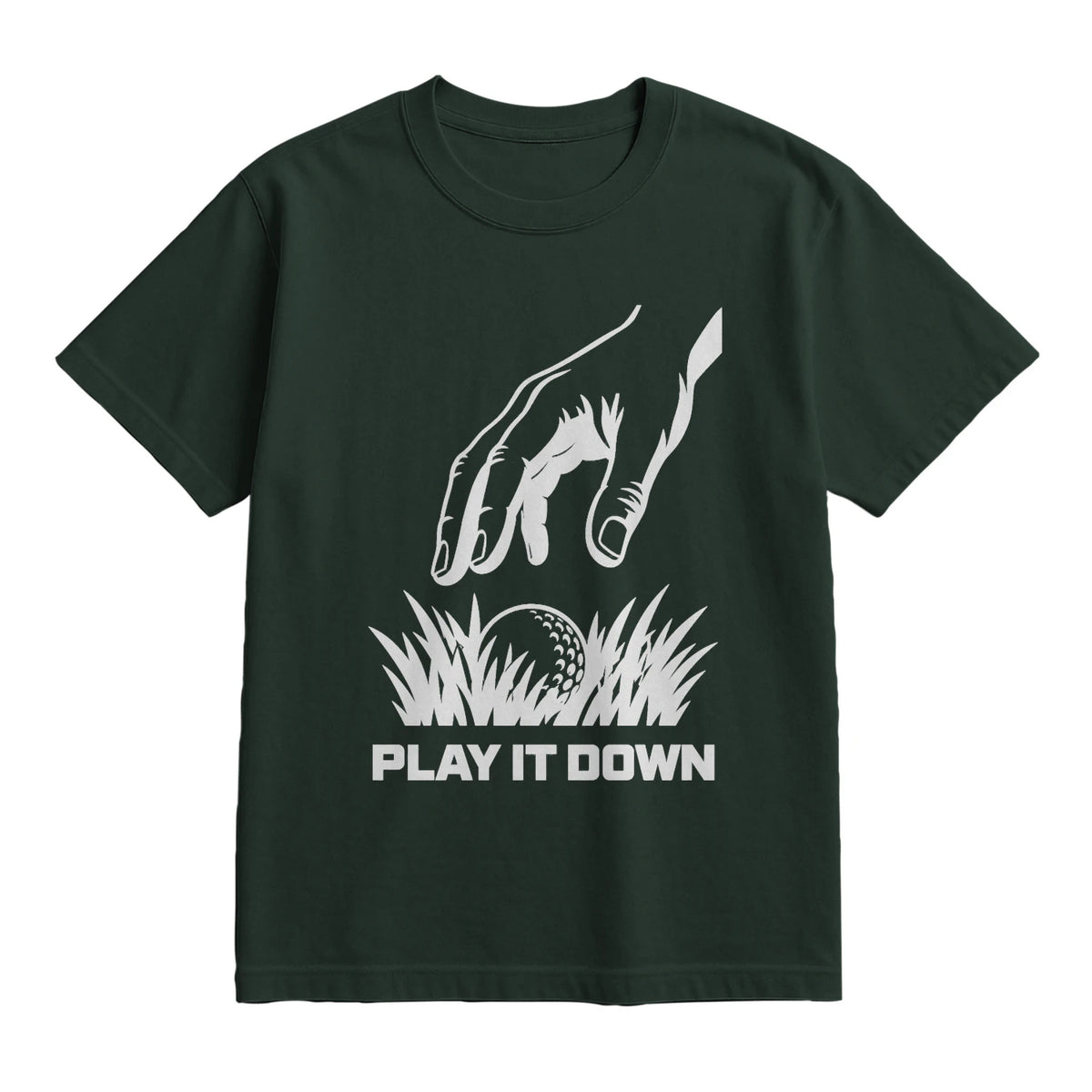 Play It Down Golf T-Shirt — lying flat, viewing the front side.