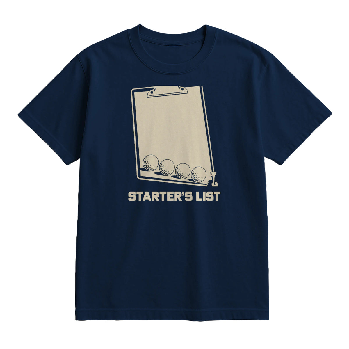 Starter’s List Golf T-Shirt — lying flat, viewing the front side.