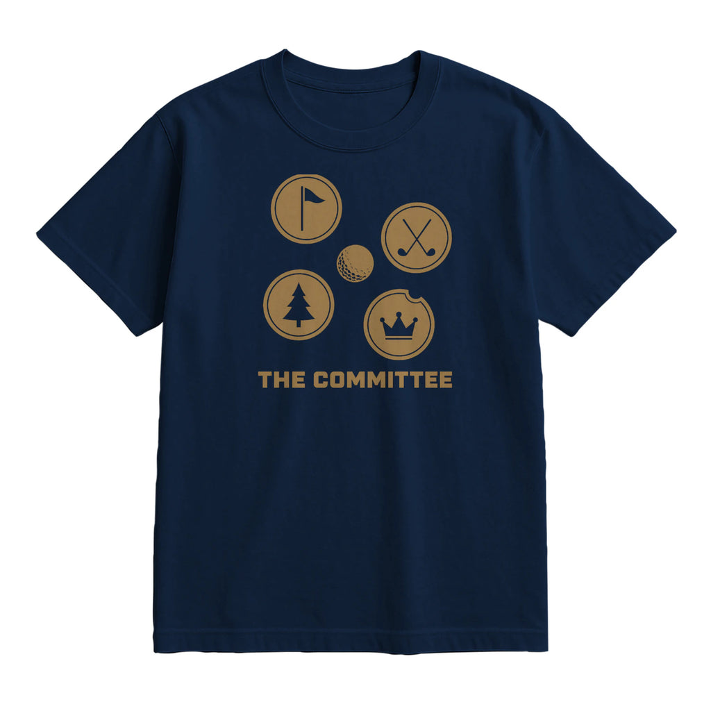 The Committee Golf T-Shirt — lying flat, viewing the front side.