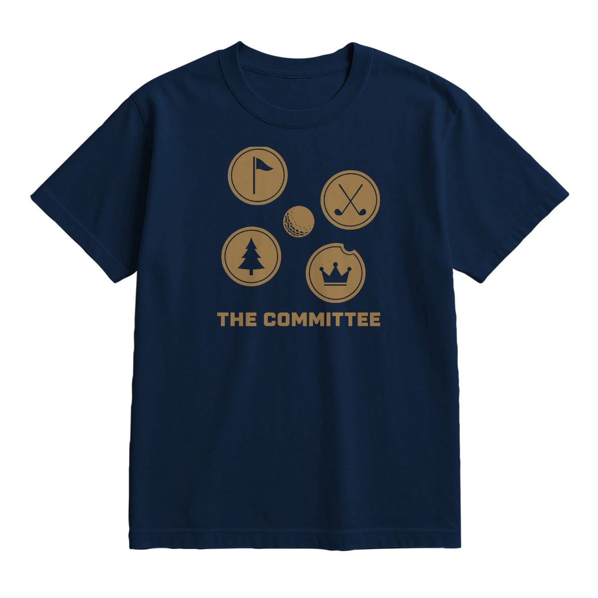 The Committee Golf T-Shirt — lying flat, viewing the front side.