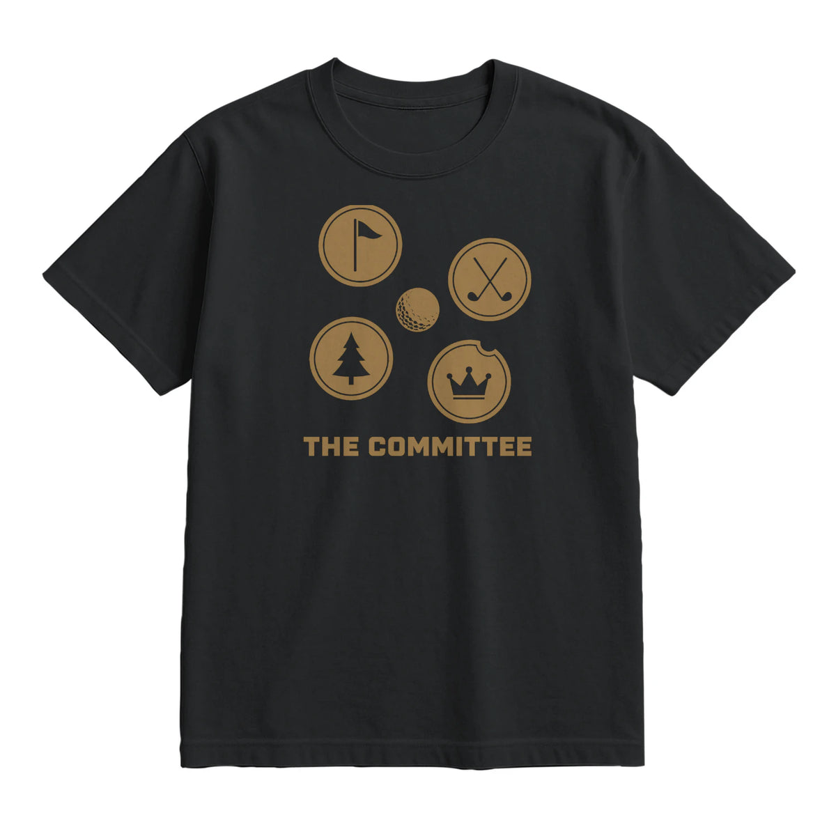 The Committee Golf T-Shirt — lying flat, viewing the front side.