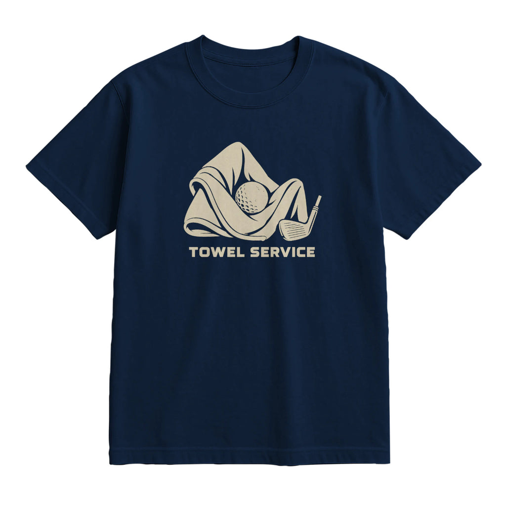 Towel Service Golf T-Shirt — lying flat, viewing the front side.