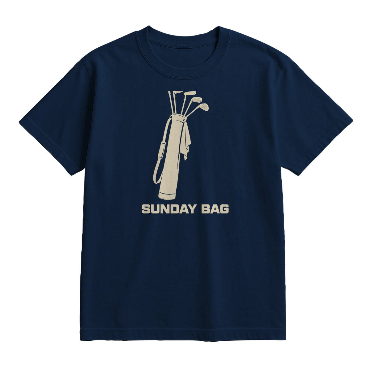 Sunday Bag Golf T-Shirt — lying flat, viewing the front side.