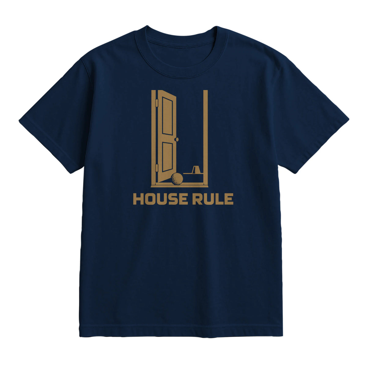 House Rule Golf T-Shirt — lying flat, viewing the front side.