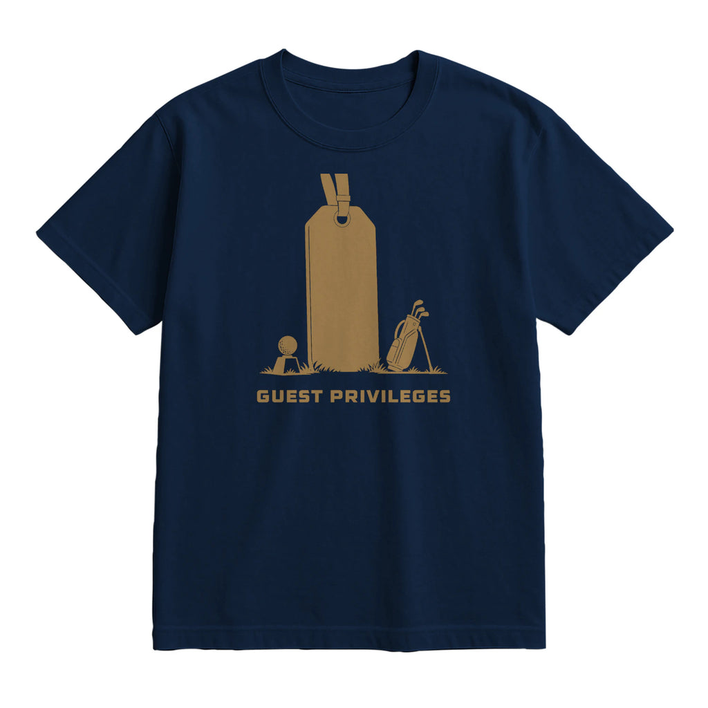 Guest Privileges Golf T-Shirt — lying flat, viewing the front side.