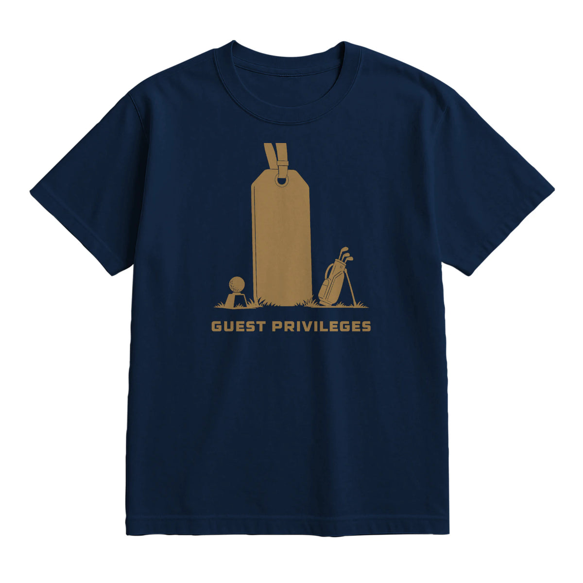 Guest Privileges Golf T-Shirt — lying flat, viewing the front side.