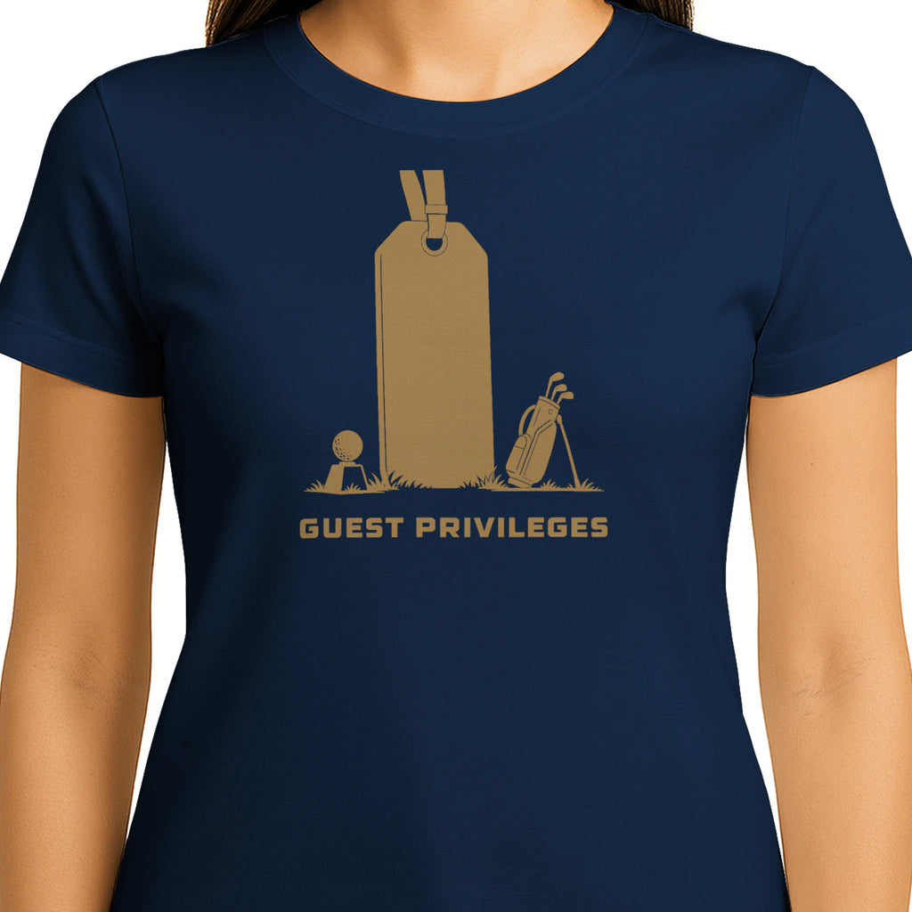 Guest Privileges Golf T-Shirt — female model front