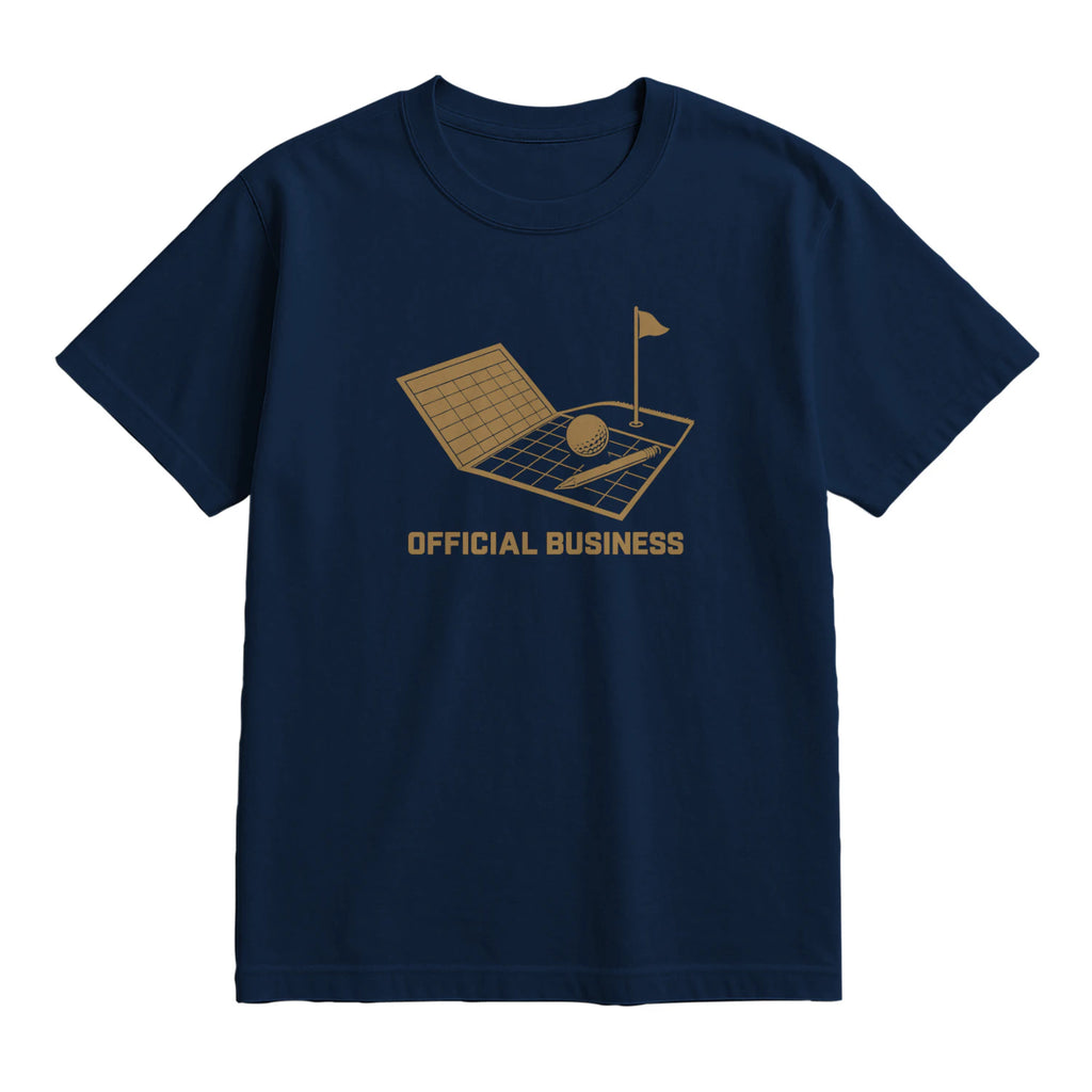Official Business Golf T-Shirt — lying flat, viewing the front side.