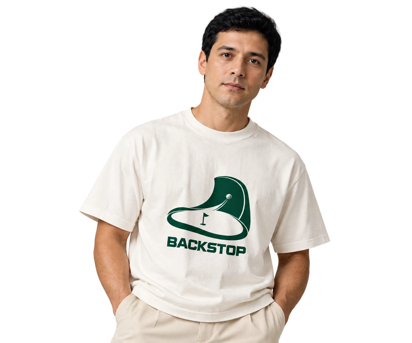 Model wearing the Club Notice Backstop golf t-shirt